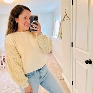 Tricia Fix Cream Wool and Cotton Mixed Media Cable Sweatshirt XS